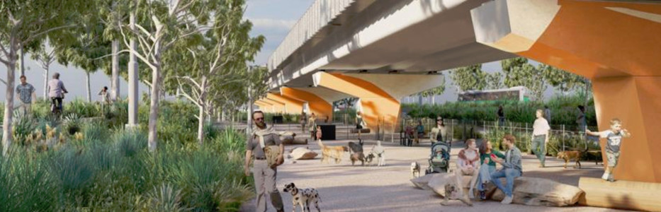 Multigenerational community space created underneath transportation thoroughfare